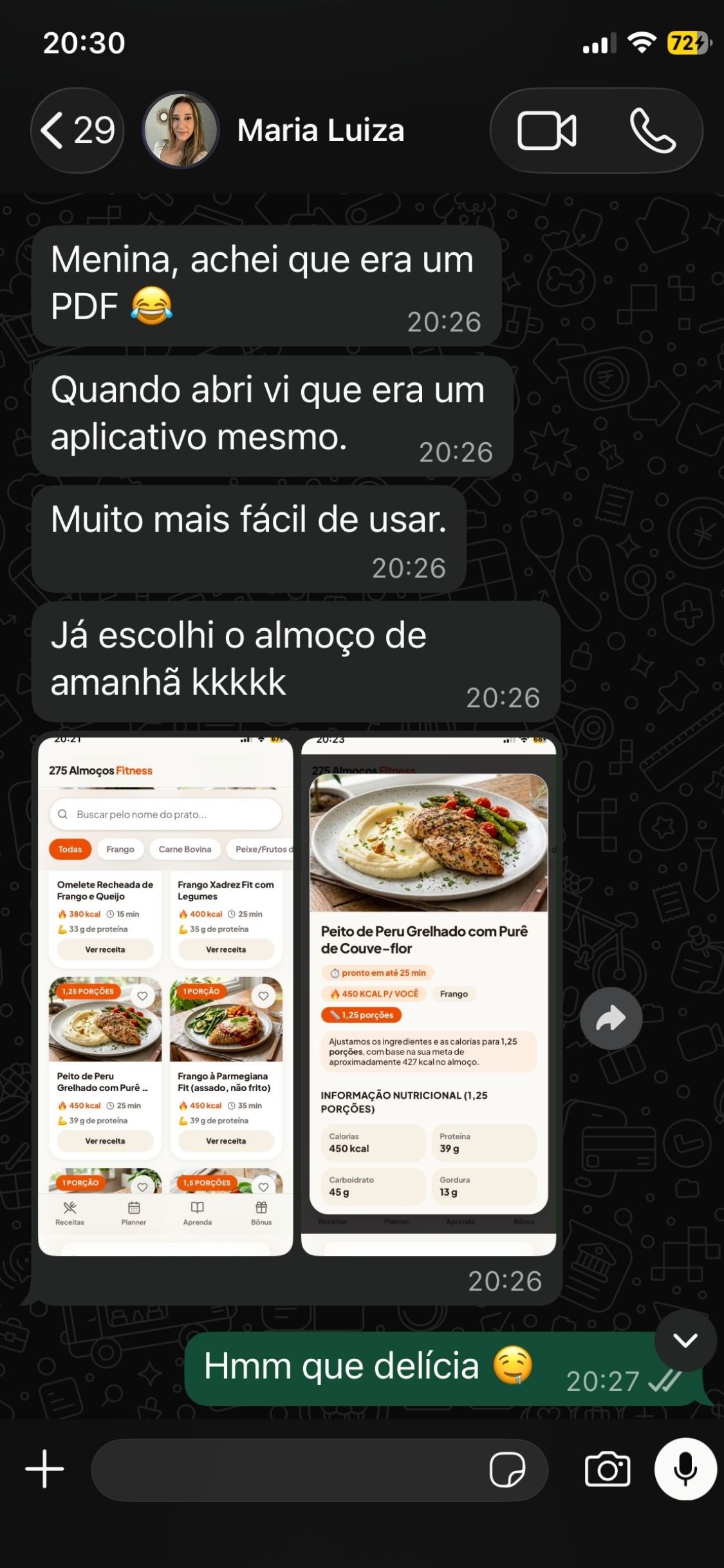 Depoimento de cliente sobre o app de receitas