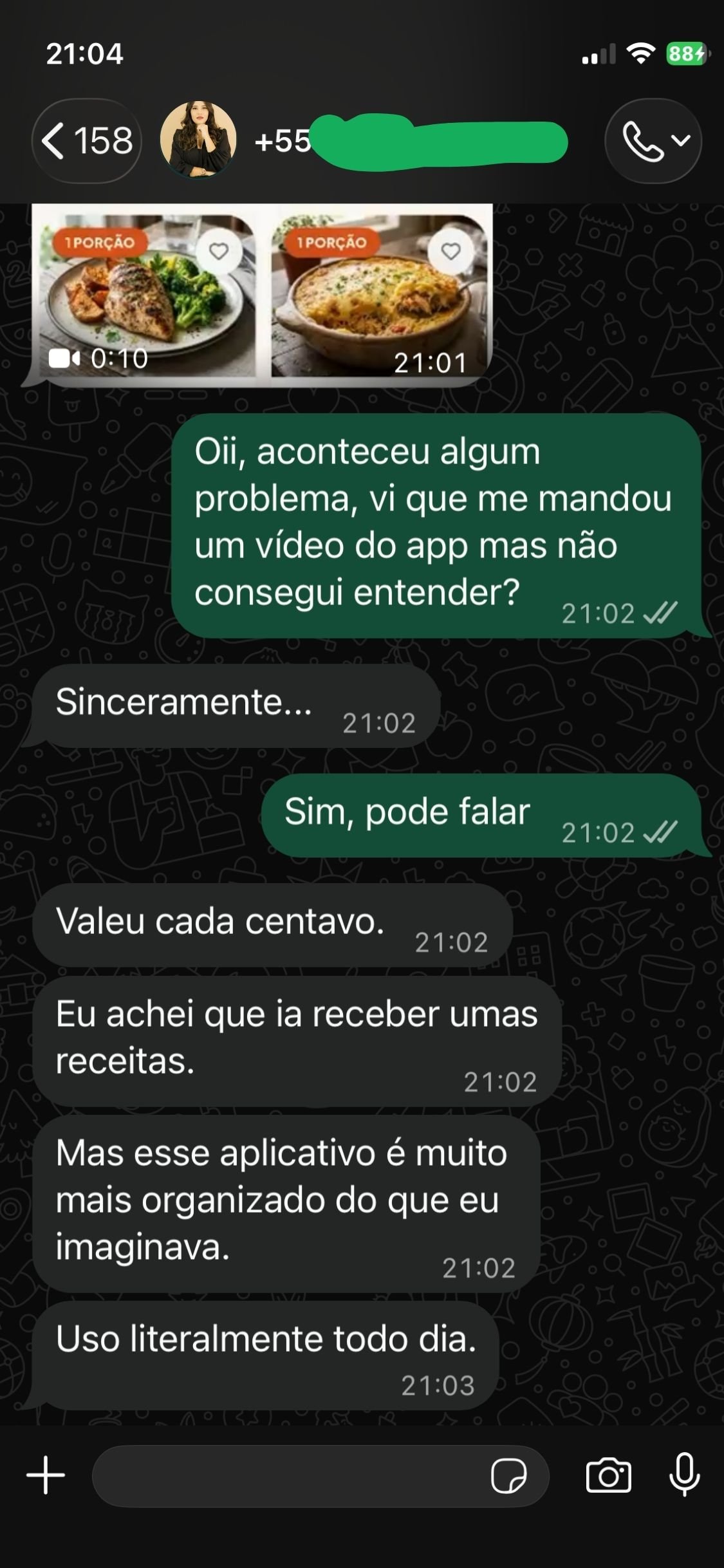 Depoimento de cliente sobre o app de receitas